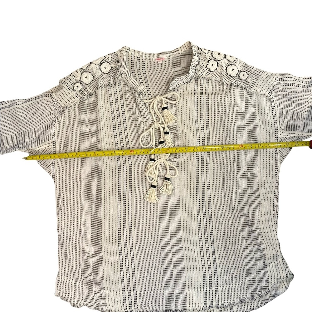 Johnny Was Cream and Black Open-Weave Tassel Tie Blouse - Picture 7 of 12